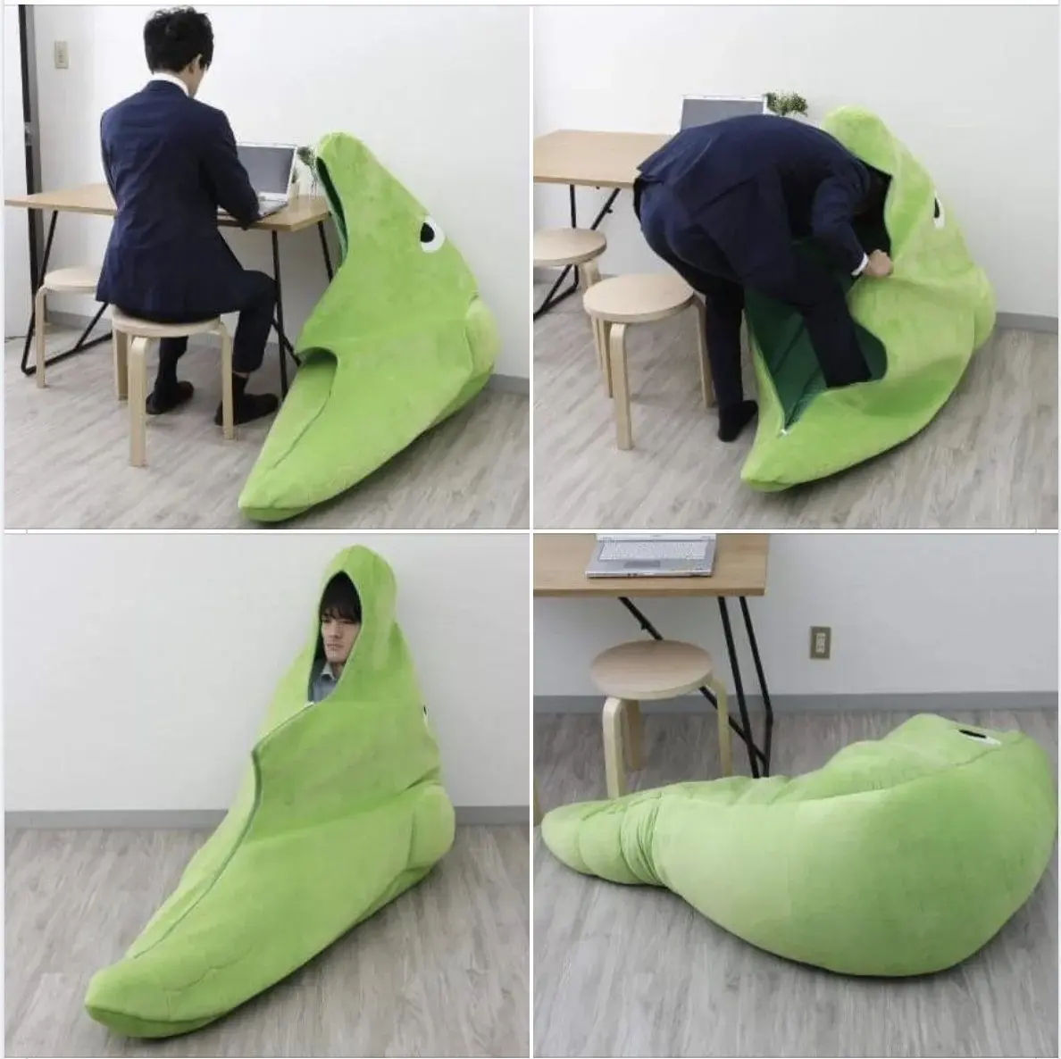 Man at the office goes to sleep in Metapod sleeping bag.