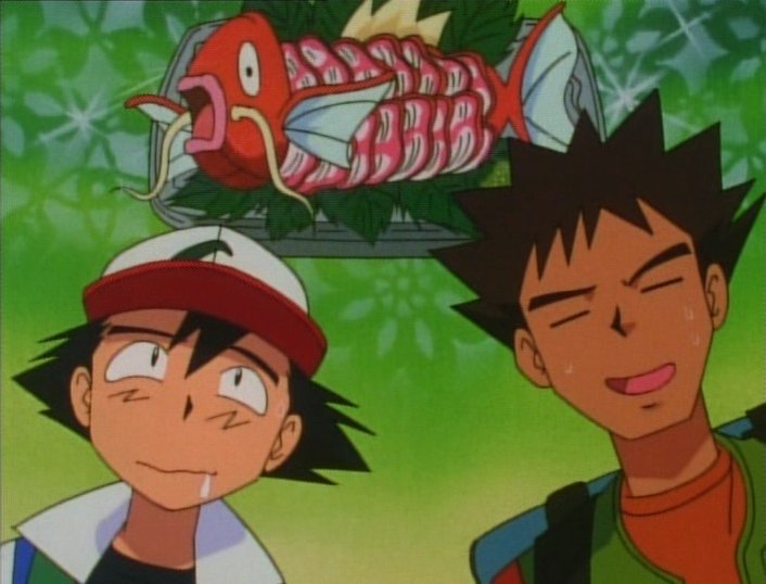 Ash and Brock imagining a cooked Magikarp