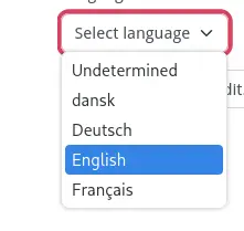 Rullemenu med valgene "Undetermined", "dansk", "Deutsch", "English" og "Français"