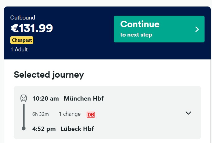 screenshot of the price of that train