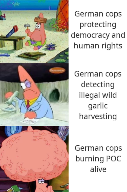 Three panel Patrick meme, very dumb to very smart: Dumb: "German cops protecting democracy and human rights"; Smart: "German cops detecting illegal wild garlic harvesting"; Very Smart: "German cops burning POC alive"