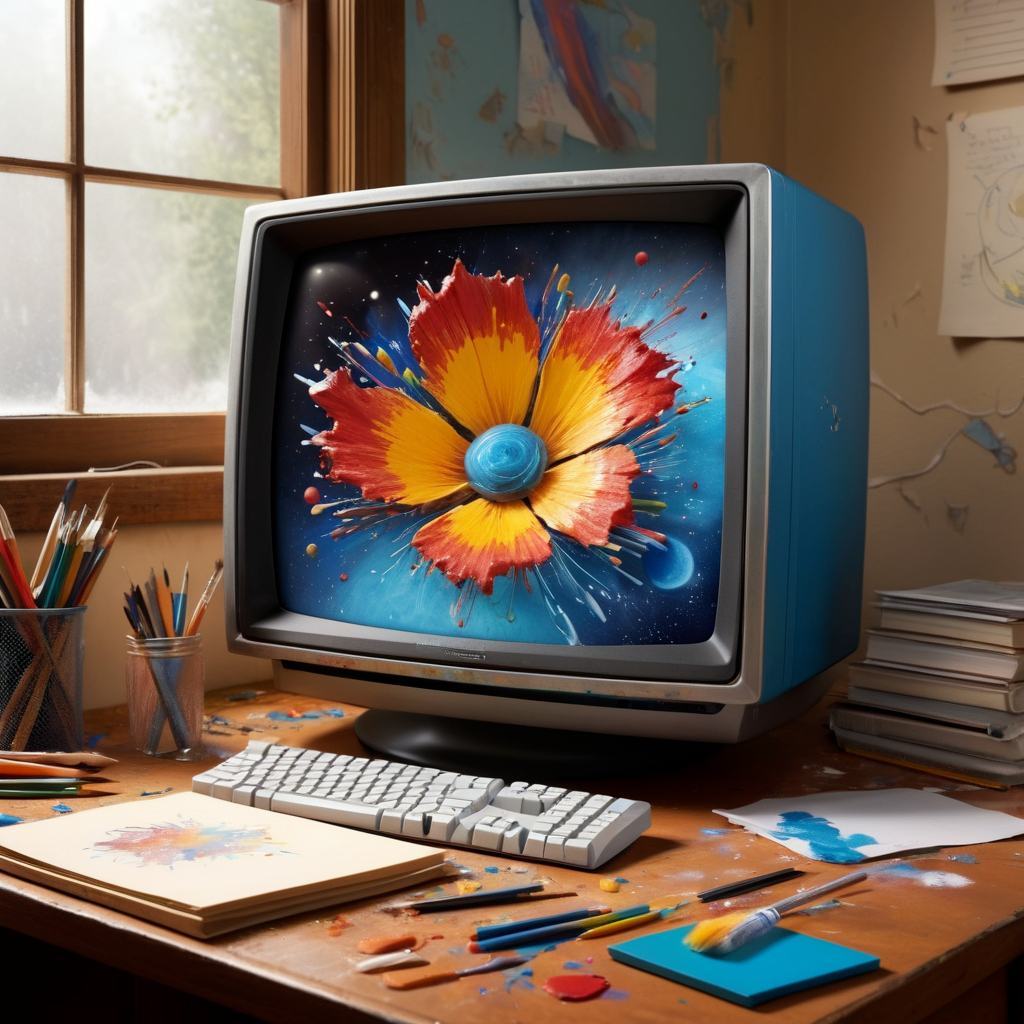 The image shows a vintage computer on a wooden desk in a cozy, artistic room. The computer screen displays a vibrant, colorful explosion of paint resembling a flower in space. The desk is cluttered with art supplies like brushes, pencils, and paper, some of which have been used to create similar colorful designs. The room is softly lit, with sunlight streaming through a window, giving it a warm and creative atmosphere.