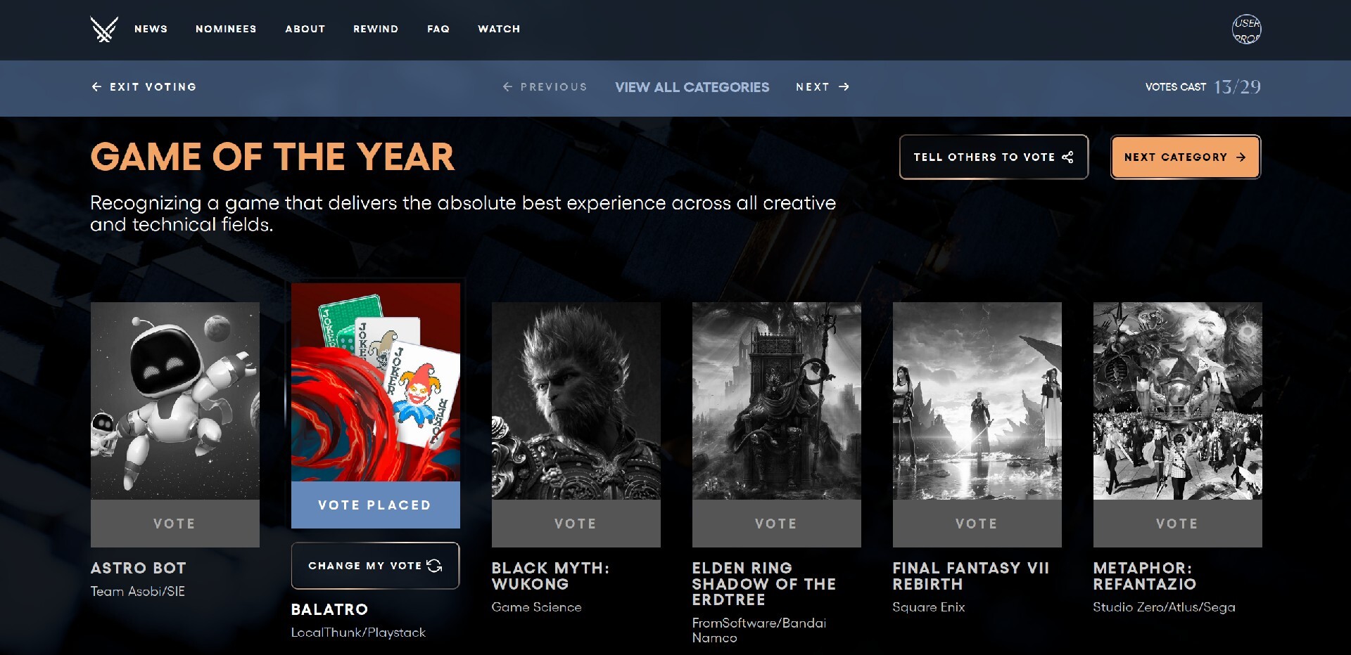 Screenshot of The Game Awards game of the year page, with 6 games. Balatro says Vote Placed