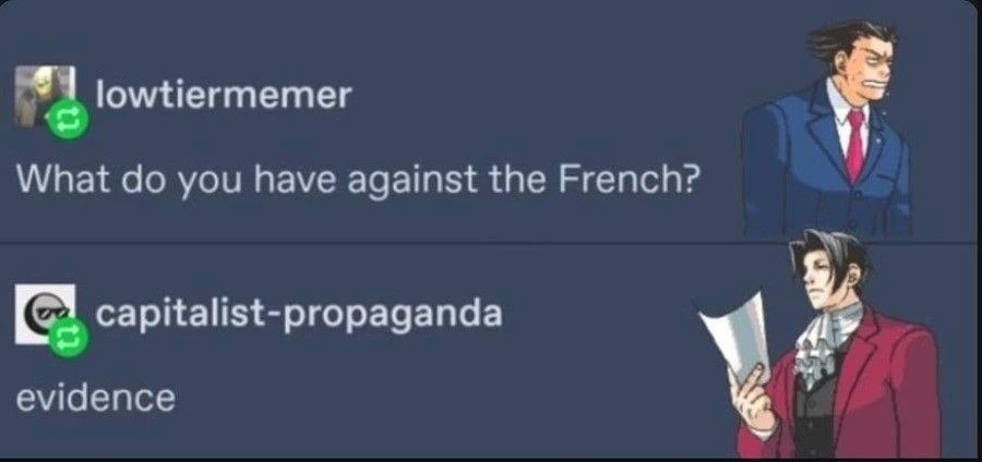 Lowtiermemer on Tumblr: "What do you have against the French?" Capitalist-propaganda in reply: "evidence"