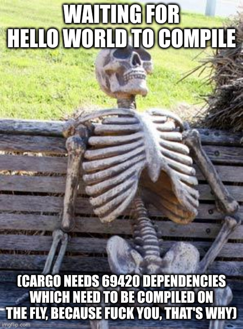 Skeleton on bank with caption "waiting for hello world to compile 0x0a (cargo needs 69420 dependencies which need to be compiled on the fly, because fuck you, that's why"