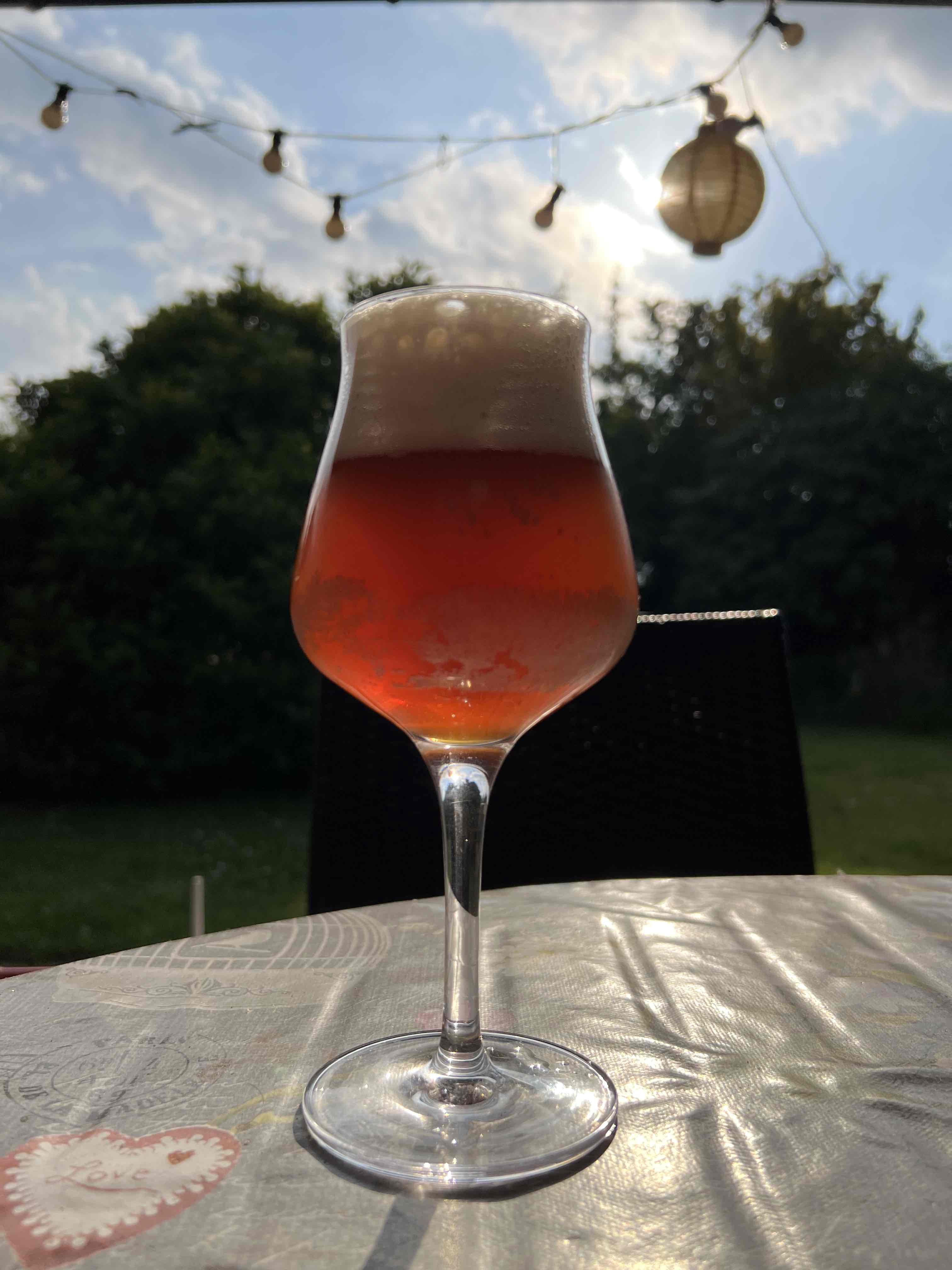 A glass of beer, on a garden table. The color is copperish-brown, a head of fine foam atop.