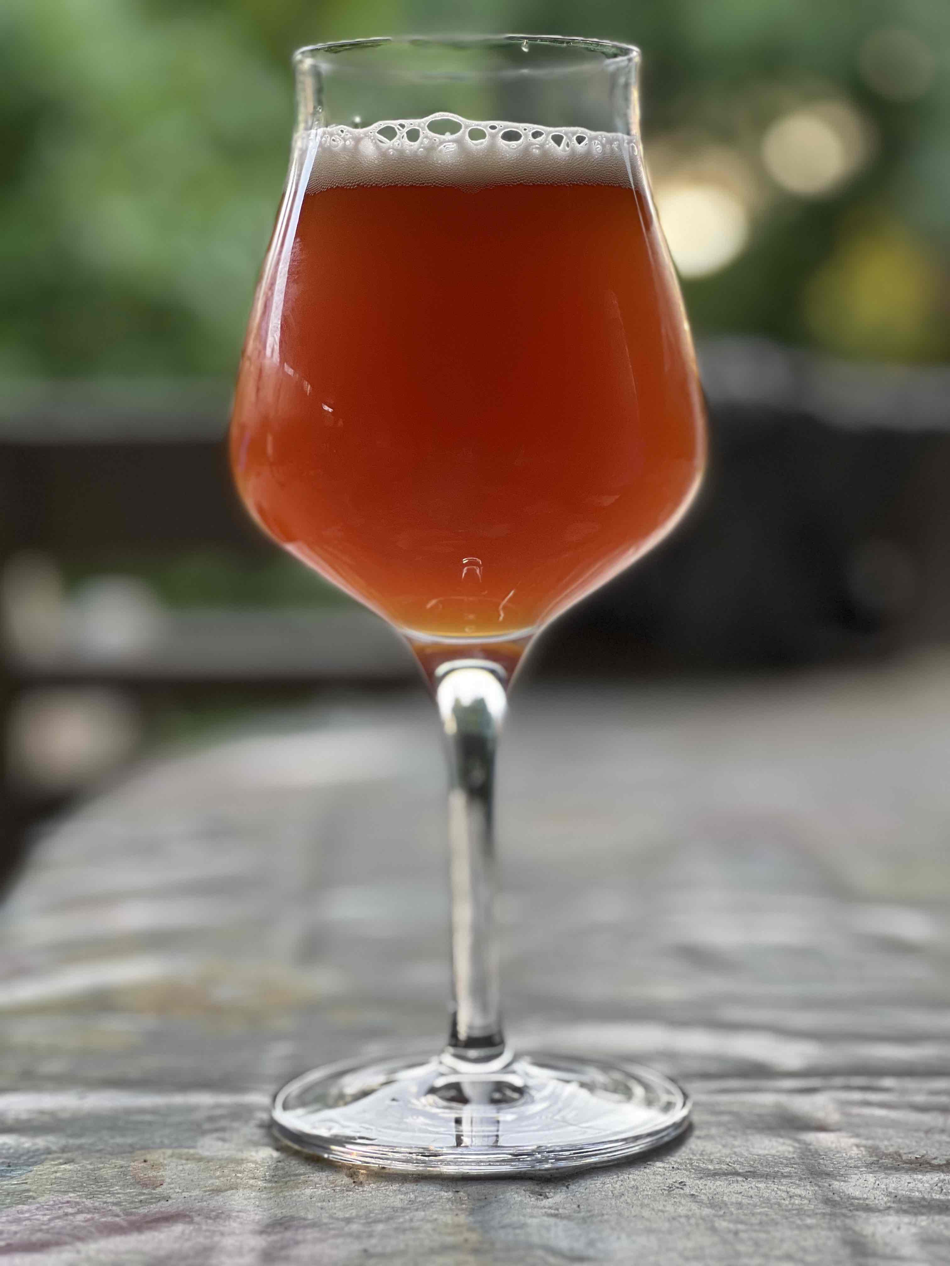 A glass of beer, copper-ish brown/red