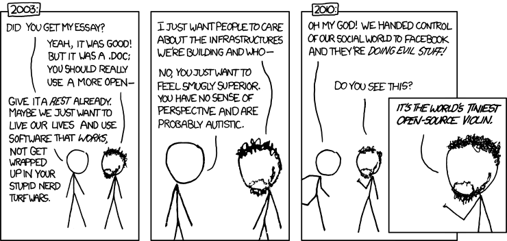 XKCD Comic depicting a conversation between someone who send an essay in dot doc, MS Word format, and another trying to convince them to use open source alternatives.  The first person is abusively unconvinced, doesn't care about ensuring we have good software infrastructure and dismisses the open source advocate as smug and "probably autistic".  In the final pane, the first person runs to the open-source-advocate second person panicking about facebook taking over everyone's social lives and doing evil things with it, in response to which the second person simply plays their "world's tiniest open source violin" as a clear "i told you so gesture"