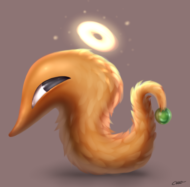 A orange serpent-like creature with fluffy fur, and a cheeky side-eye expression. It has a small glowing halo that's partially illuminating its body, and the tail ends with a ball like structure.
