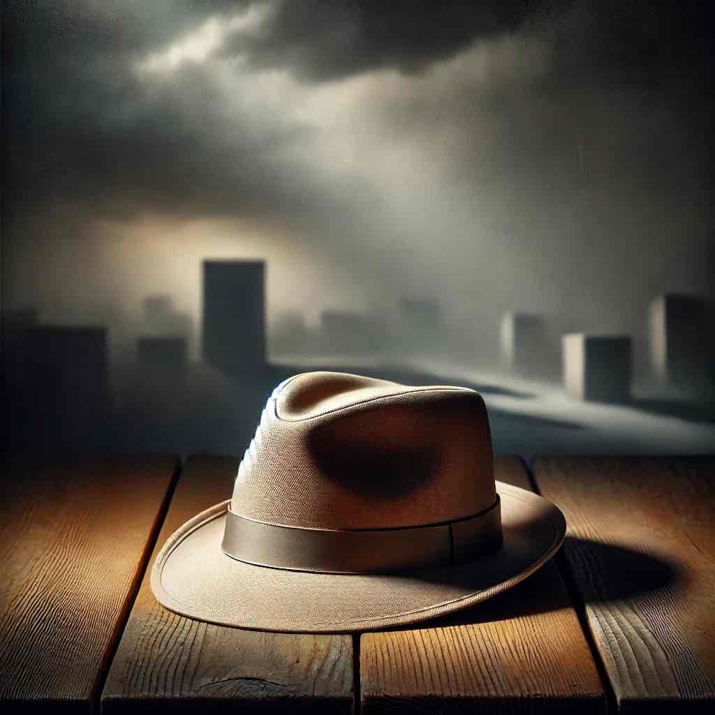 an ai generated image of a beige fedora in front of a blocky, abstract landscape.