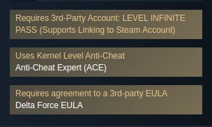 Screenshot of the Delta Force Steam page's legal warnings. The game requires linking a third-party account, kernel level anti-cheat, and accepting a third-party EULA