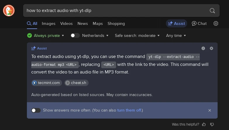 a screenshot of duckduckgo search, where duckduckgo assist tells to add "--extract-audio" and "--audio-format mp3" to the command, so it will extract audio from the video