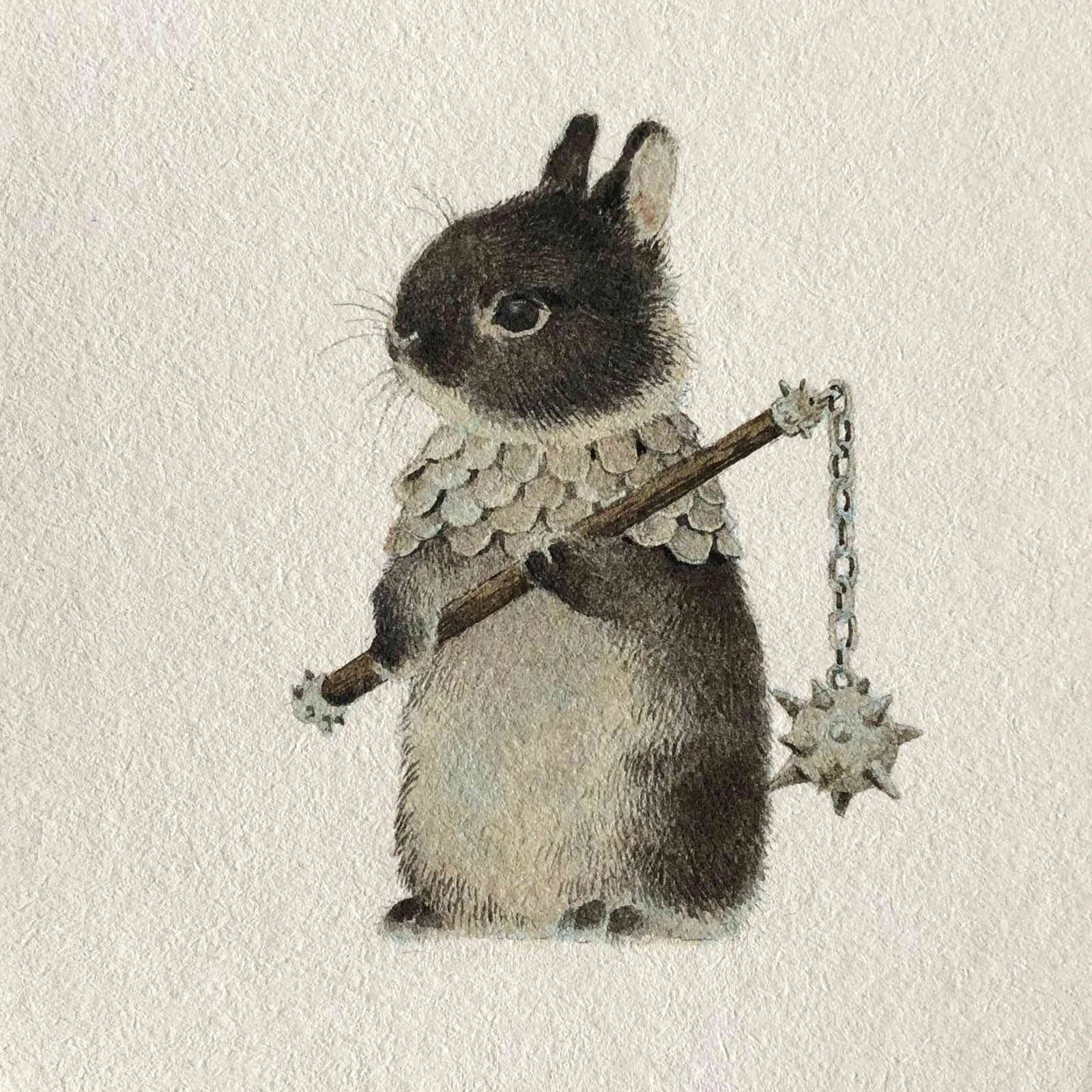 Bunny holding a spiky flail drawn by Lily Seika Jones