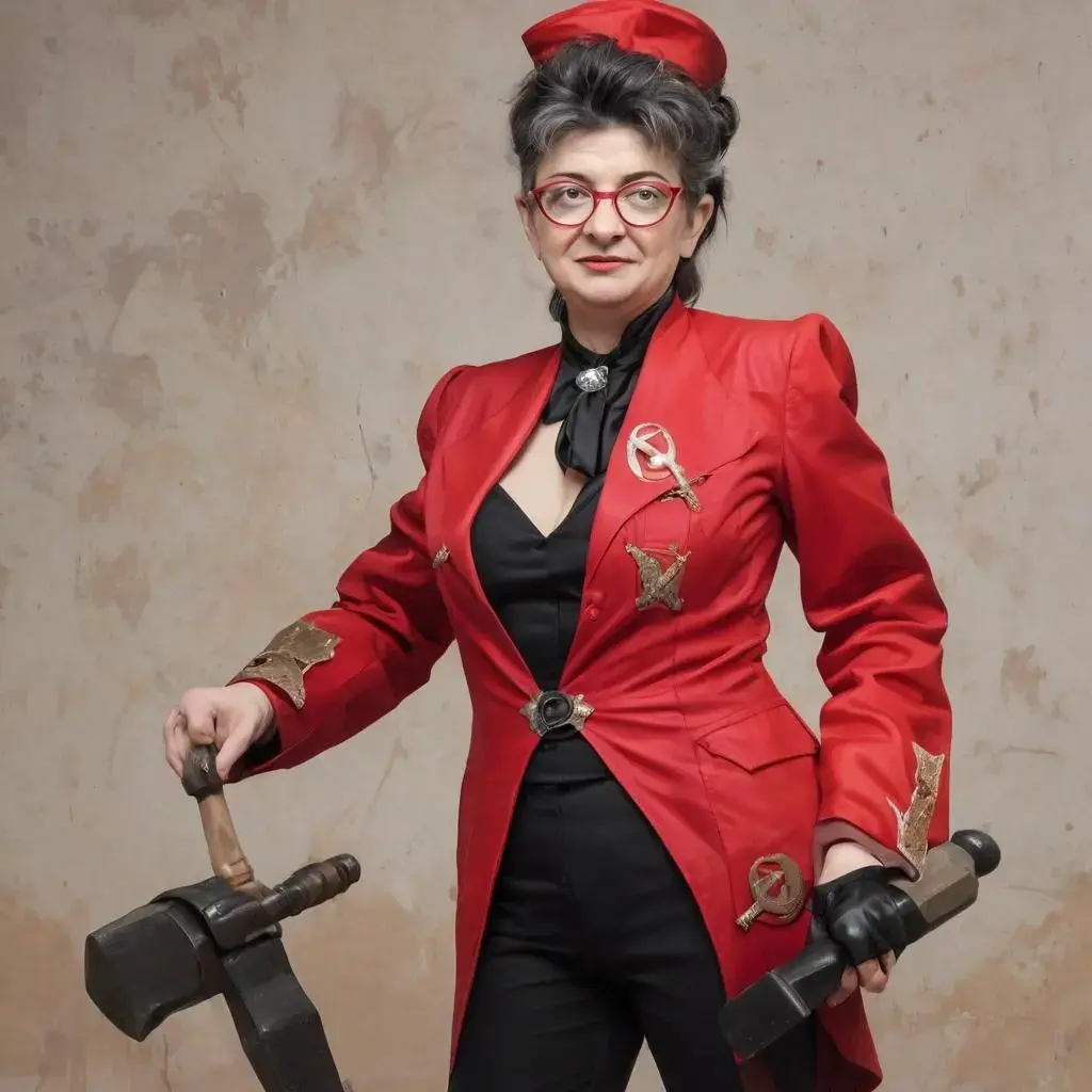 Image with seed 2495632077 generated via AI Horde through @aihorde@lemmy.dbzer0.com. Prompt: Mélenchon as a communist dominatrix holding a hammer and sickle