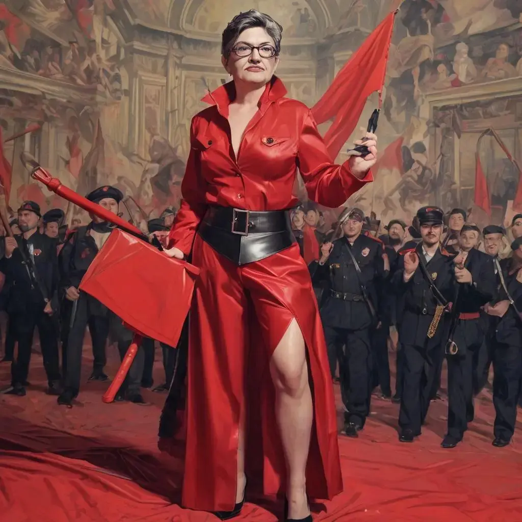 Image with seed 2116286960 generated via AI Horde through @aihorde@lemmy.dbzer0.com. Prompt: Mélenchon as a communist dominatrix holding a hammer and sickle