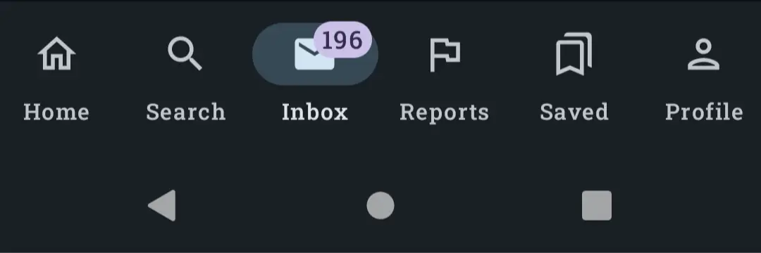 Cropped screenshot of the Jerboa app, showing the bottom bar with navigation buttons, highlighted is a button labeled "Inbox", with a counter of 196 messages.