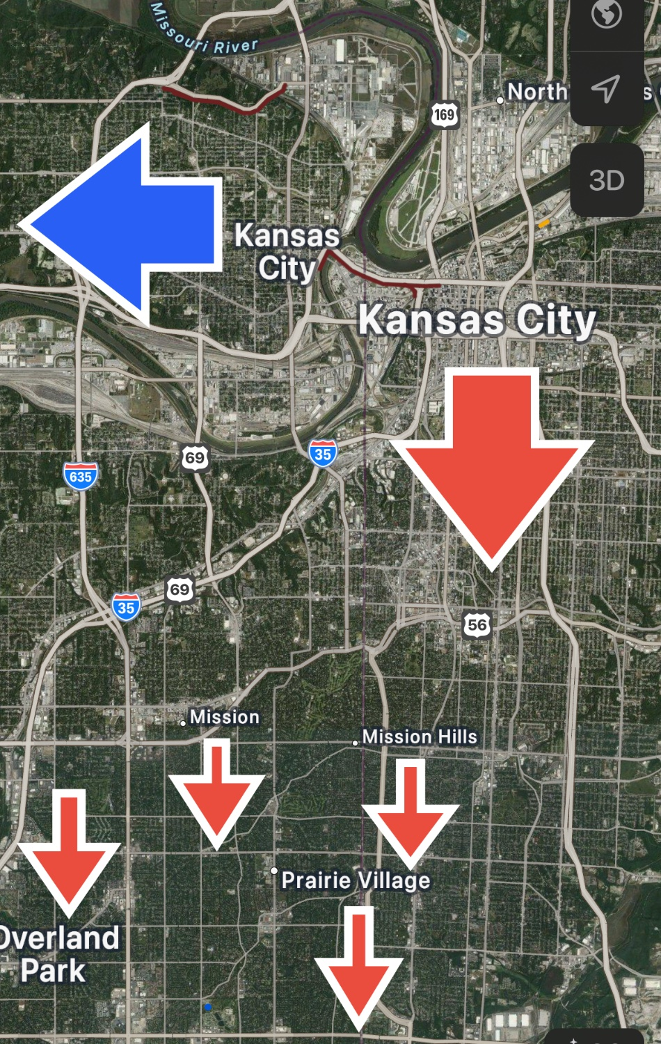 A satellite view of the Kansas City Metro area, depicting a river that turns 90 degrees at the state line, with arrows indicating the direction in which the street numbers increment: westward for Kansas City Kansas, and southward for all other areas.