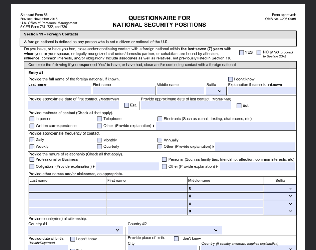 The part of the SF-86 form where it asks about foreign contacts, including any family members not already listed.