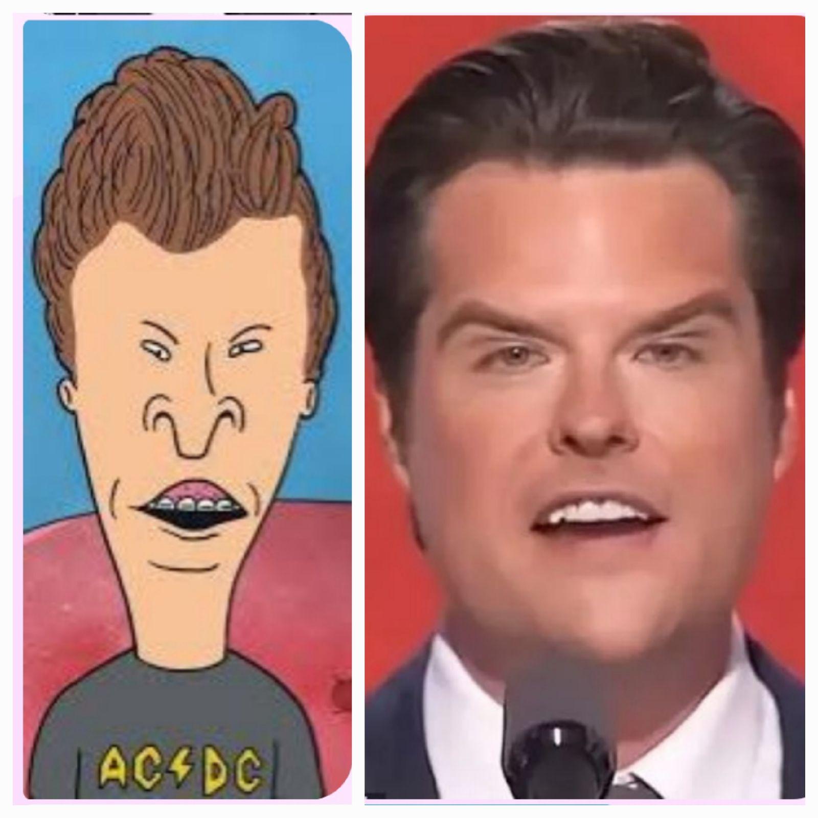 split image of Butthead and post-facelift Gaetz