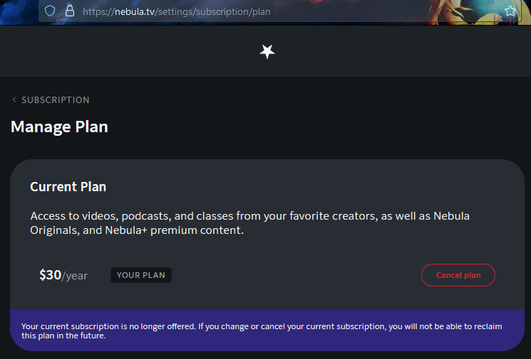 Screenshot of Nebula's 'cancel plan' button