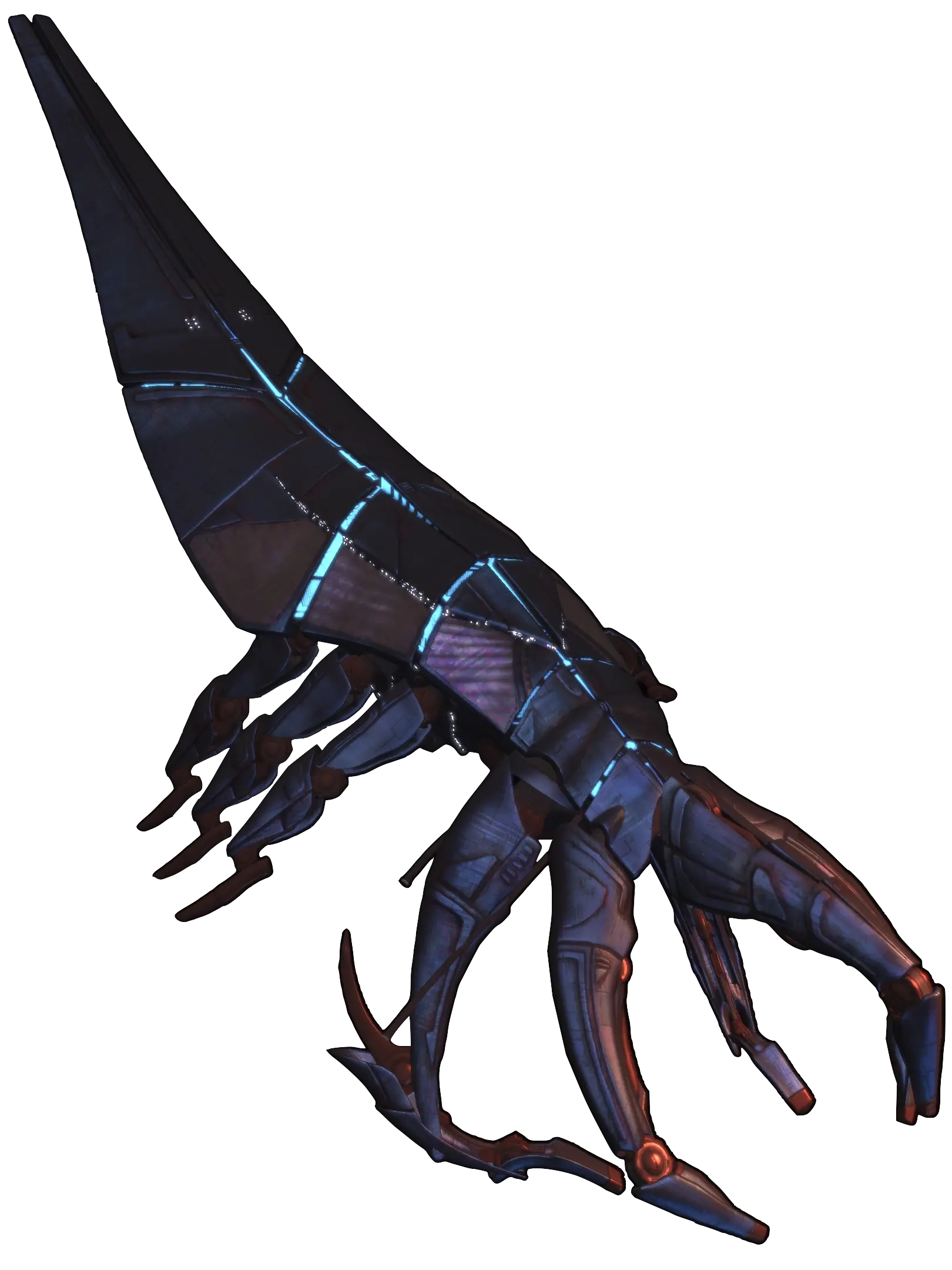 A Reaper from the video game Mass Effect, in landing configuration with its tail end in the air.