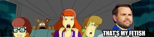 Scooby Doo cast in their van, with most of them recoiling in horror but with J. D. Vance's face pasted over Freddy's with the caption "That's my fetish."