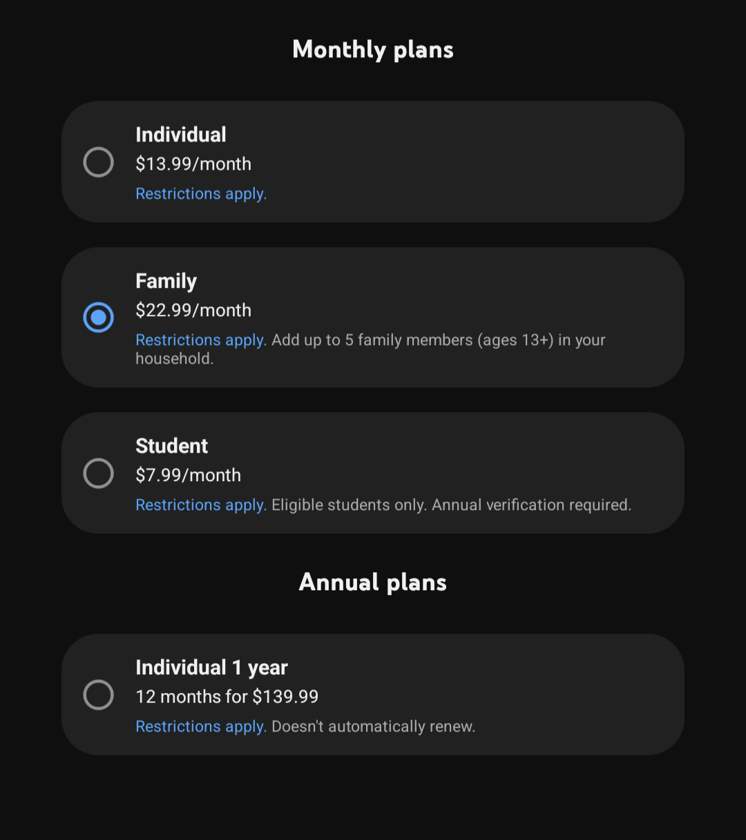 YouTube monthly plan prices