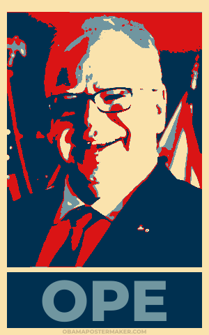 a poster of Minnesota governor Tim Walz in the style of the 2008 Obama "Hope" poster, with the caption altered to "Ope"