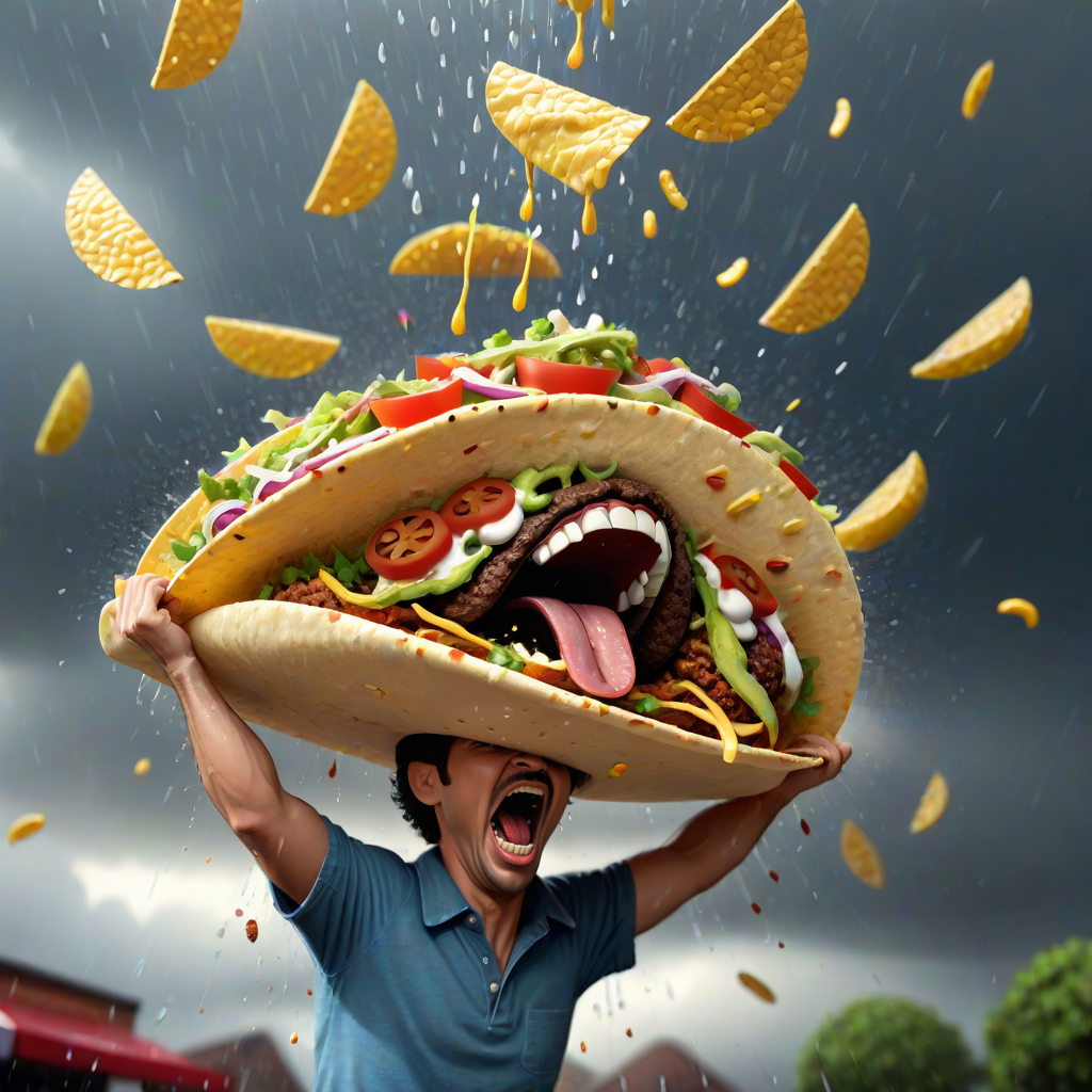 Man with enormous taco on his head that has a screaming mouth running under a rain of tacos