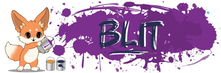 a cartoon fennec splashing purple paint onto the screen with the word "BLIT" written into it