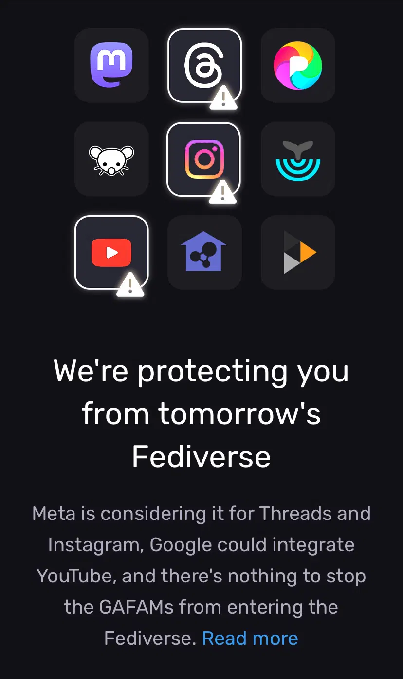 Screenshot from veklar website. It says "we're protecting you from tomorrow's Fediverse" meaning service like threads or others from META or Google potentially joining the Fediverse